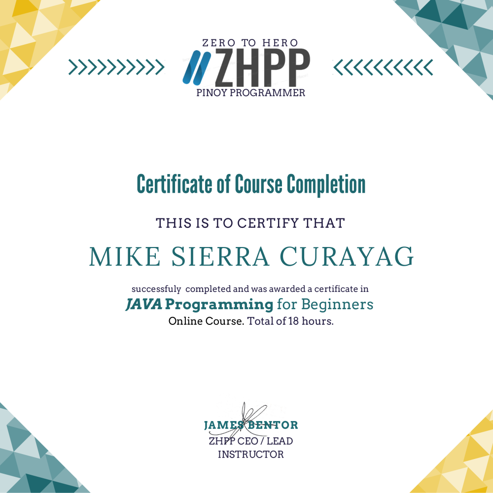 Certificate of Completion - ZHPP JAVA FOR BEGINNERS - Mike Sierra Curayag